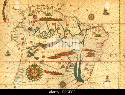 Karte von Südamerika - von reduzierten Reproduktion der Karte im spanischen Atlas von Joan Martinès in Messina, 1582. Stockfoto