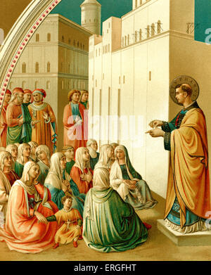 St. Stephen predigen - aus Fresko Gemälde von Fra Angelico in der Kapelle von Nicholas V, im Vatikan, Italien. 15. Jahrhundert. Stockfoto