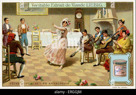 Hochzeitsfeiern: Andalusien, 1910. Traditionelle Trauung. Liebig-Sammelkartenspiel ("FÊTES NUPTIALES"). Stockfoto