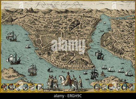 Karte von Konstantinopel - im "Civitas Oreis Terrarum" von Braun und Hogenbergs. Buch 1:1574-1618. Modernen Istanbul, Türkei. Stockfoto