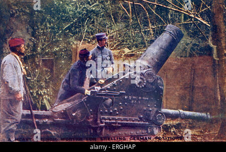 1. Weltkrieg: Französische Artillerie Bombardierung der deutsche Stellungen. Englische Postkarte mit offiziellen Foto von "La Abschnitt Photographique de l'Armée Française". Gedruckt in London. Bildunterschrift: 'Französisch Mörtel feuert eine hochexplosive Shell der enormen Zerstörungskraft, wie die deutschen auf die Kosten bei Verdun und an der Somme gelernt haben". Stockfoto