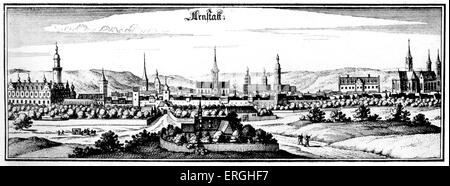 Arnstadt, Deutschland. Karte der Stadt. J.S. Bach lebte von 1703-1707 in Arnstadt. Stockfoto