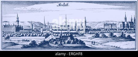 Arnstadt, Deutschland. Karte der Stadt. J.S. Bach lebte von 1703-1707 in Arnstadt. Stockfoto