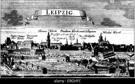 Leipzig, Deutschland. J.S. Bach lebte in Leipzig zwischen 1723 und 1750. Bilder, Aufbau von links nach rechts: Peter Thor, Peters Kirch Stockfoto