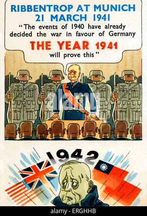 WW2: Joachim von Ribbentrop - Karikatur.  Ribbentrop an München 21. März 1941. Bildunterschrift: "die Ereignisse des Jahres 1940 haben bereits Stockfoto