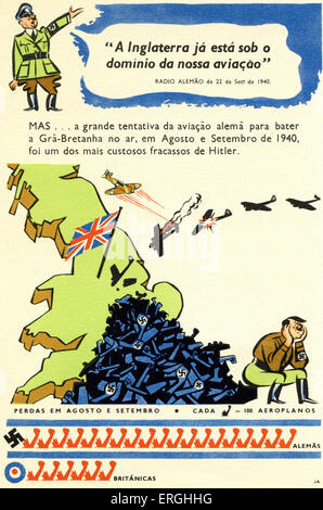 WW2: Portugiesische Karikatur der Luftschlacht um England. Anti-Deutsche Postkarte. Zitat von Hilter (oben): A Inglaterra ja Esta sob o Stockfoto