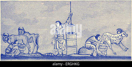 Melken und Buttern Milch, A.D. 1130-1174. (19. Jahrhundert Reproduktion Abbildung). Stockfoto