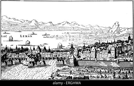 Genf, Schweiz - von Stich von Vischer, 1641. Der Genfer See ist Hintergrund, vor Bergen (Alpen). Stockfoto