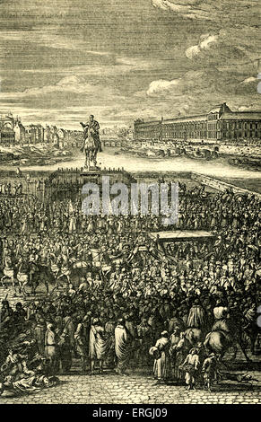 Louis XIV die Beförderung auf dem Pont-Neuf, Paris. Nach Van der Meulen. LXIV: König von Frankreich und Navarra von 1643 bis zum Tod. Bekannt als König (Roi Soleil), 5. September 1638 – 1. September 1715. Stockfoto
