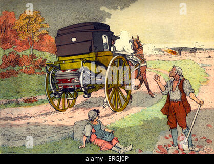 Reisen Sie Cariole in der Zeit von Louis XV (1710 – 1774). Vom Kupferstich von Eugene Courboin. Kleine private Postkutsche (auch bekannt als Fleiß). (Französisch: "Carriole de Voyage, petite Diligence Privée). Stockfoto