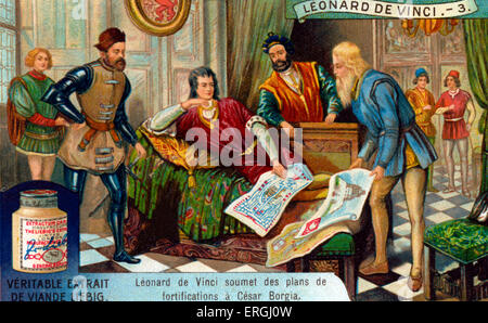 Das Leben des Leonardo da Vinci: Da Vinci Einreichung Pläne für militärische Foritification César Borgia in seiner Rolle als Militär Stockfoto