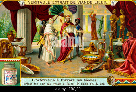 Geschichte der Goldschmiedekunst: Krösus zeigt seine Schätze zu Solon. Liebig Sammelkarten-Serie: "Goldschmiedekunst im Wandel der Zeit" (Französisch: 'L' Orfèvrerie À Travers Les Siècles'). 1921. C: König von Lydien von 560 bis 547 v. Chr.. Stockfoto