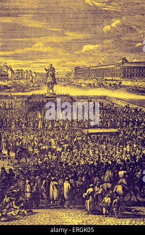Louis XIV die Beförderung auf dem Pont-Neuf, Paris. Nach Van der Meulen. LXIV: König von Frankreich und Navarra von 1643 bis zum Tod. Bekannt als König (Roi Soleil), 5. September 1638 – 1. September 1715. Stockfoto