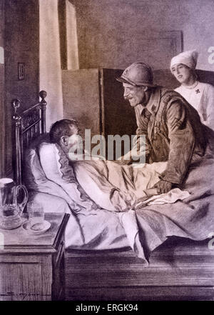 Ein verwundeter französischer Soldat wird von anderen Infanterist im Krankenhaus, nach der Verteidigung der Festung Douaumont bei Verdun besucht, Stockfoto