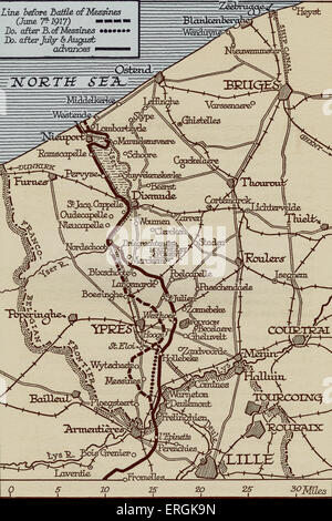 Karte von der Front in Flandern, Belgien, während des 1. Weltkrieges, Juli und August 1917. Stockfoto