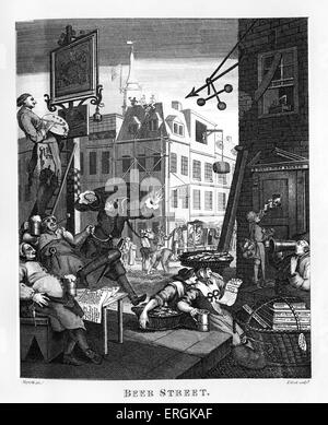 Bierstraße von William Hogarth, 1751. Zusammen mit Gin Lane, unterstützt diese Gravuren der Gin-Akt des 1751.Engraved von Thomas Stockfoto