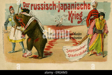 Russo-japanischer Krieg (1904-5). Der russische Bär und der japanischen Rückzug, Brusied, aus dem Feld der Schlacht. Bildunterschrift lautet: 'Trotz der Schon Erhalfnen Wunden tut man Sich Noch Weiter Schunden' (trotz der Wunden, die bereits der Konflikt geht weiter). Stockfoto