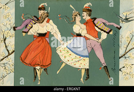 Paare, die traditionellen ungarischen Tanz, im 19. Jahrhundert Gewand gekleidet. Stockfoto