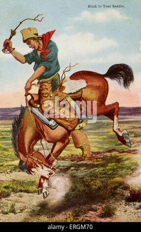 Cowboy auf Pferd entgegen. Illustration von Paul Grego. Unruhiges Wildpferd. Stockfoto
