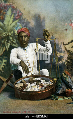 Indische Leckerei Verkäufer. Farbausführung Foto aus dem frühen 20. Jahrhundert. Stockfoto