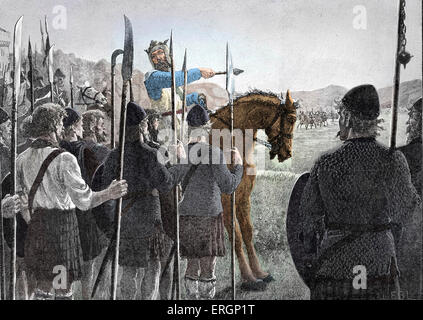 Schlacht von Bannockburn - Robert the Bruce seine Truppen vor der Schlacht zu überprüfen. 24 Juni 1314. Bedeutender schottischer Sieg in der Stockfoto
