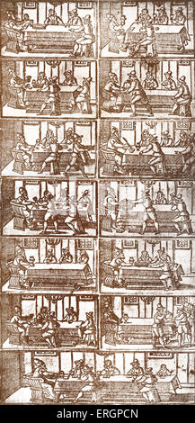 Pascha. Mantua-Haggada 1550. Sederabend, Zeremonien, zeigt der Afikoman, Segen über Wein, Händewaschen, Teilhabe von Stockfoto