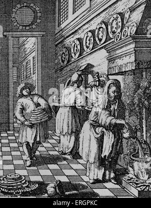 Vorbereitung zum Festival des Pessach-Festes. Gießen kochendes Wasser über die Gerichte. Gravur von Utrecht 1657 Stockfoto