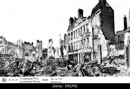 Dünkirchen 1940 - Ansicht von zerstörten Gebäuden und Geröll auf der Havenstraat. Stockfoto