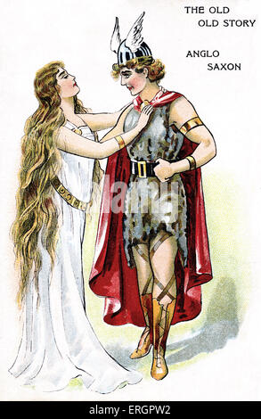 Phantastische Illustration ein Anglo-Saxon Krieger in einem geflügelten Helm, Umhang und Fell-Kleid. Eine Frau in einem fließenden Kleid Stockfoto