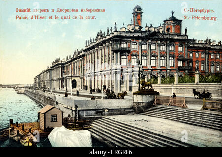 Sankt-Petersburg, Anfang des 20. Jahrhunderts. Im Winter. Schloss (jetzt auch Eremitage) und den Fluss Newa Bank.  Farbausführung Stockfoto