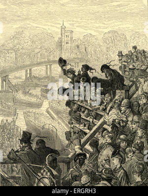 Oxford und Cambridge Regatta Unterquerung Putney Bridge, London.  Männer, Frauen und Kinder, beugte sich über Brücke und jubeln. Stockfoto