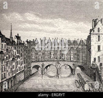 Der Pont St. Michel, Paris, Frankreich, während der Herrschaft von Louis XV. Architektur des 18. Jahrhunderts, Häuser auf Brücke später abgerissen unter Herrschaft von Louis XVI. Stockfoto