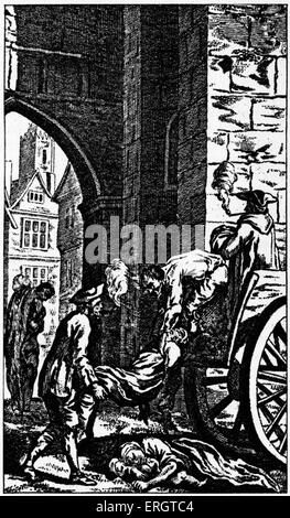 Die große Pest in London - 1665 Illustration von Männern, die Leichen auf einen Wagen geladen.  Kupferstich von N. Sherlock nach S. Wale Stockfoto