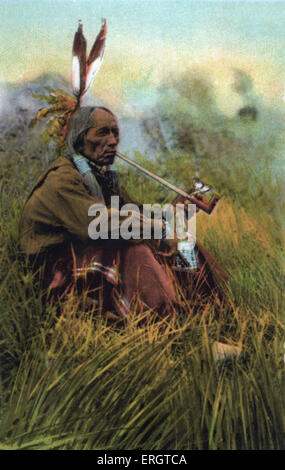 "Chief Good Boy."  Porträt von einem Native American Chief raucht eine Pfeife. Bildunterschrift lautet "indische auf Miller Bos. 101 ranch Stockfoto