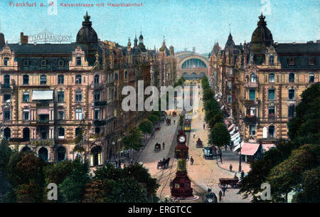 Frankfurt Am Main, Deutschland - Kaiser-Straße mit dem Hauptbahnhof. Straßenszene auf lackierten fotografische Postkarte. Schon früh Stockfoto