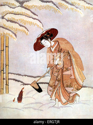 Junge Japanerin Kimono mit Strohhut - entdecken Sie einen Bambus-Spross unter dem Schnee. Drucken von Suzuki Harunobu, japanischer Grafiker in der Ukiyo-e-Stil. SH: 1724 – 1770. Traditionelle. Kimonos. Stockfoto