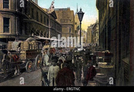 London - Billingsgate Fischmarkt.  Träger und Fischhändler herumstehen Fässer und Karren von Fischen. In den frühen 1900er Jahren. Stockfoto