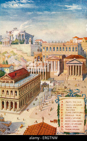 Das römische Reich - Forum Römer, Tempel, Tempel, Capitol, Kapitol. Mit A) Aedes Divi Iulii / Tempel von Caesar, (B) Aedes Castorum / Tempel des Castor und Pollux, (C) Sacra Via, Rostra (D), E) Clivus Capitolinus, F) Basilica Iulia / Julia, G) Aedes Saturni / Tempel des Saturn, H) Aedes Concordiae / Tempel von Concord, ich) Aedes Vespasiani / Tempel des Vespasian, K) Aedes Iovis / Tempel des Jupiter, L) Tabularium. Illustration von J Williamson. Stockfoto