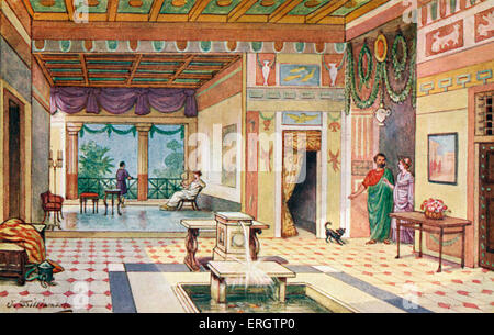 Das römische Reich - das römische Haus. Römer, Haus, Haushalt, Wohnung, Atrium, Brunnen, Brunnen, Freizeit, Toga, Toga. Stockfoto
