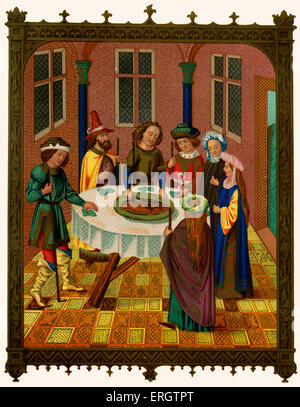 Passahfest (Pesach Pesach oder oder Festival der Matzot) - mittelalterlichen Juden feiern des jüdischen Feiertages, 15. Jahrhundert. Schneiden von der Matzo. Drucken von R. Kellerhoven. Judentum. Matzo: ein ungesäuertes Fladenbrot. Stockfoto