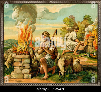 Das Angebot von Kain und Abel - ist der Hirte Abels Opfer erfolgreicher als Cain der Bauer. Vom alten Testament Stockfoto