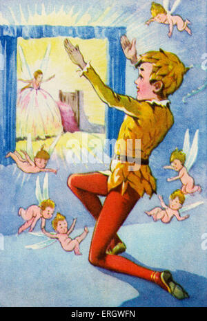 "Peter Pan und Wendy" von James Matthew Barrie. Peter Pan spart Tinker Bell. "Glaubst du an Feen: Claop Ihre Hände wenn Sie Stockfoto