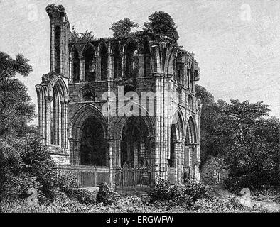 Ruinen von Dryburgh Abbey; wo Sir Walter Scott unter der Kapelle im nördlichen Querschiff begraben wurde. WS: Schottische Schriftsteller und Stockfoto