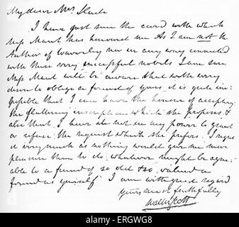 Brief von Sir Walter Scott an Frau Slade leugnen die Autorschaft des "Waverley", 1814. (Er schrieb "Autor von Waverley" anstelle seines Namens). Handschriftliches Manuskript unterzeichnet. WS: Schottischer Schriftsteller und Dichter, 15. August 1771 – 21. September 1832. Stockfoto