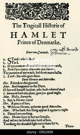 "Hamlet": Tragödie von William Shakespeare geschrieben c 1599-1601. Erste Seite des ersten Quarto. "Tragicall Historie der Stockfoto