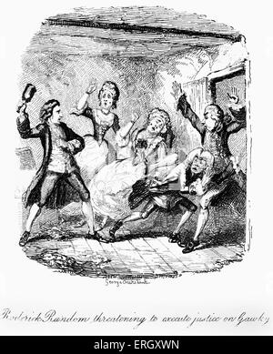 Die Abenteuer des Roderick Random "- durch Tobias George Smollett. Bildunterschrift lautet: "Roderick Random bedrohen Gerechtigkeit auf Gawky ausführen". TGS: Schottischer Autor, 19. März 1721 – 17. September 1771. Illustration von George Cruikshank. Stockfoto