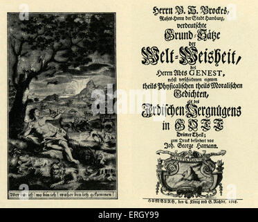 Saloppem Vergnügen in Gott von Barthold Heinrich Brockes. Bd. III. 1728. Titelblatt und Frontispage. Deutsche Dichter: 22. September Stockfoto