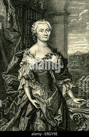 Frau Gottsched. Line-Kupferstich von Johann Martin Bernigeroth. Leipzig, 1763. Luise Adelgunde Gottsched, Ehefrau von Johann Christoph Gottsched, deutscher Dichter, Dramatiker, Essayist und Übersetzer: 1713-1762. JMB, deutsche Künstler: 1713-1767. Stockfoto