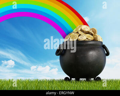 Topf voll Gold am Ende des Regenbogens Stockfoto