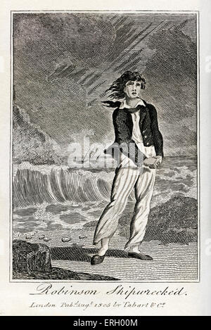 Die Life & Abenteuer von Robinson Crusoe von Daniel Defoe.Caption liest "Schiffbrüchigen Robinson". Erste Publiished London, 1719. . (Illustrationen von 1805-Edition) Englischer Schriftsteller, Journalist, (1659-1661) –? April 1731. Stockfoto